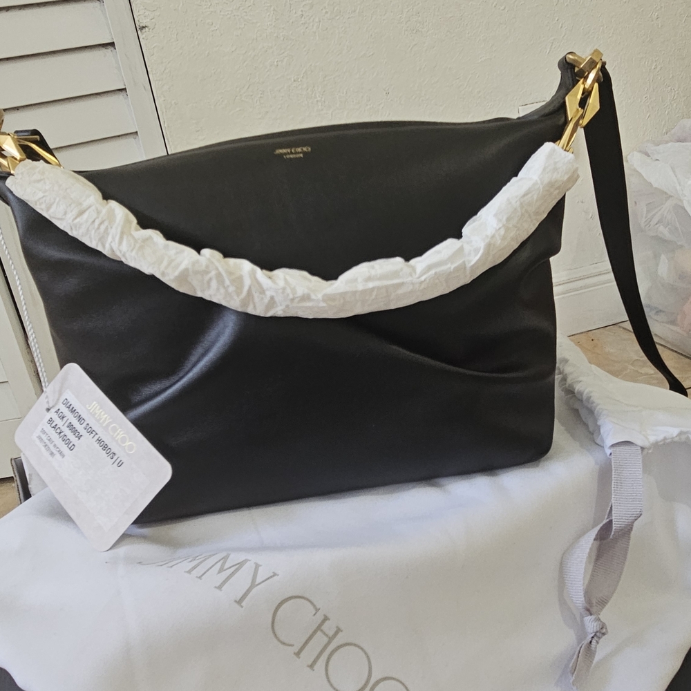 jimmy choo diamond soft hobo black gold soft calf with chain Shoulder/crossbody